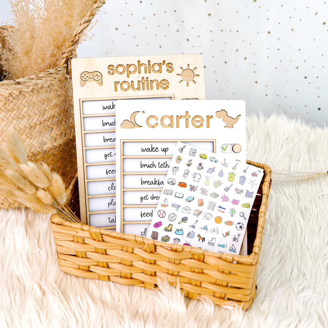 Customized Sliding Wooden Toddler Routine Chore Chart, Visual Schedule For Kids