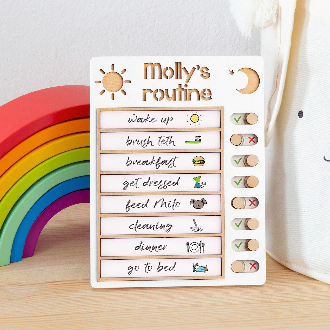 Customized Sliding Wooden Toddler Routine Chore Chart, Visual Schedule For Kids