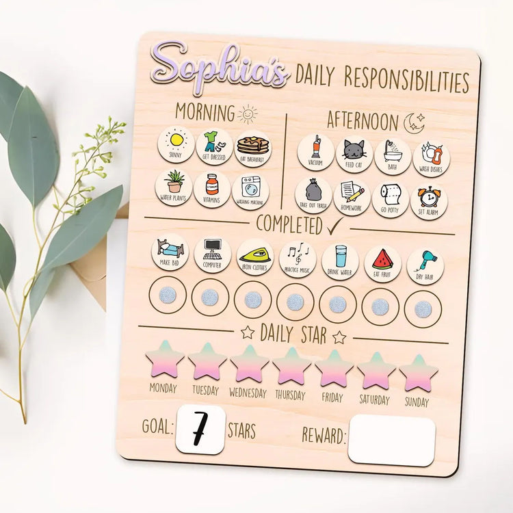 Daily Responsibilities Chart Of Chores For Kids, Cute Routine Checklist Custom Name, Wooden Chore Chart