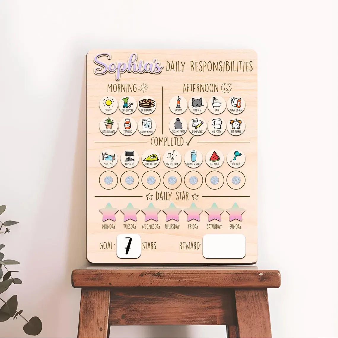 Daily Responsibilities Chart Of Chores For Kids, Cute Routine Checklist Custom Name, Wooden Chore Chart