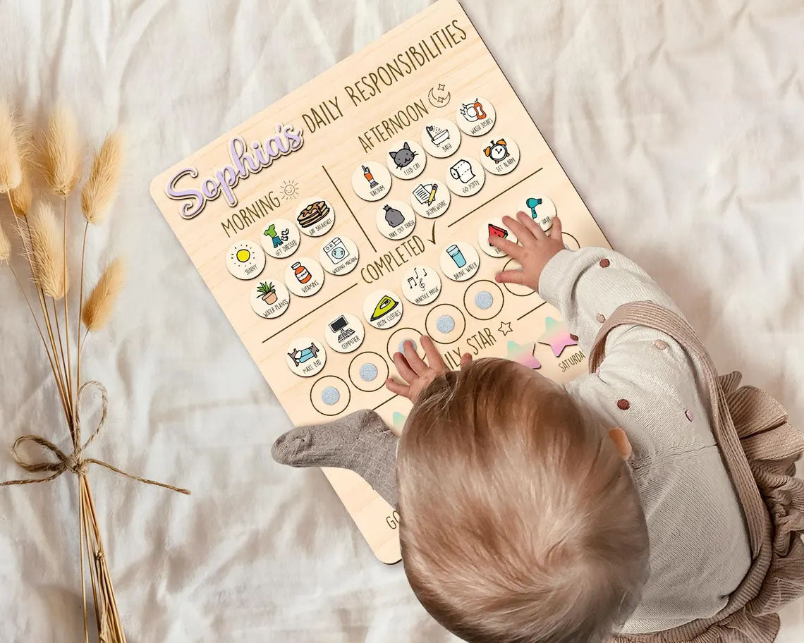 Daily Responsibilities Chart Of Chores For Kids, Cute Routine Checklist Custom Name, Wooden Chore Chart