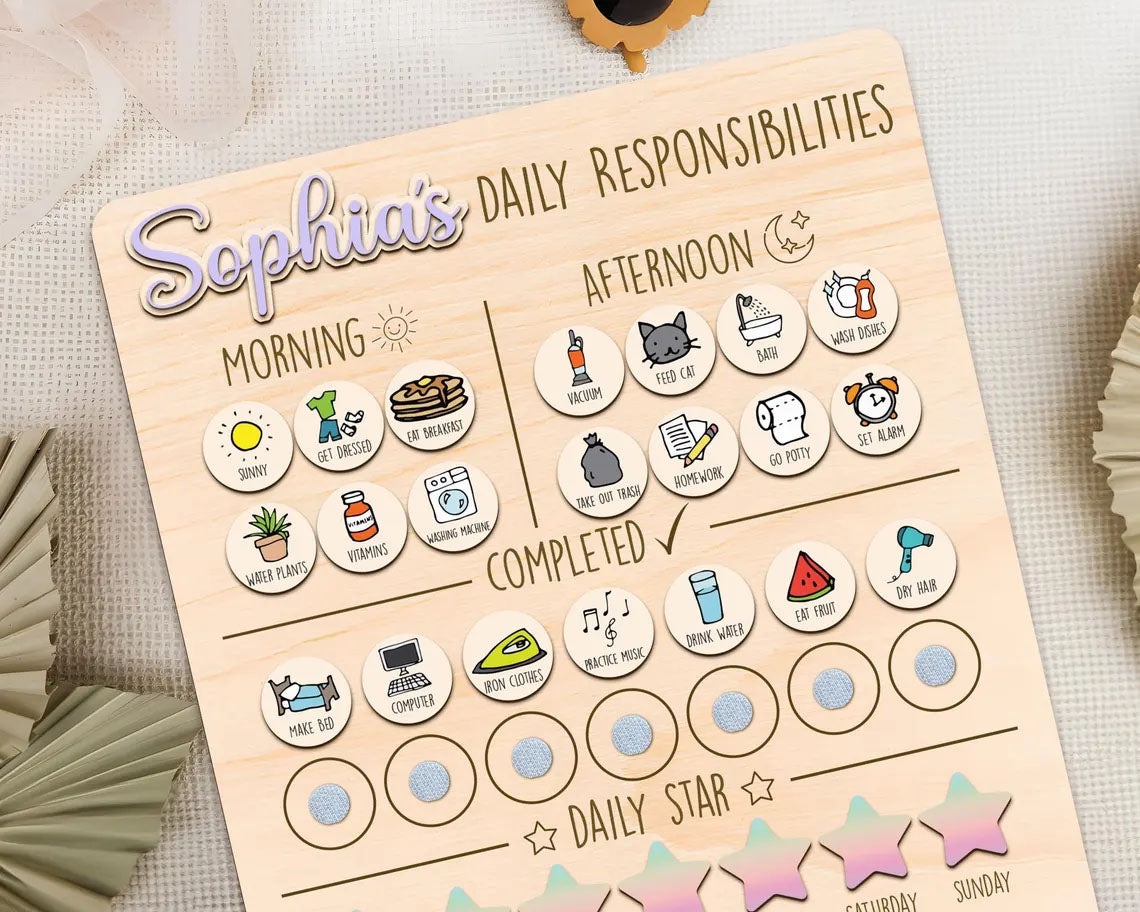 Daily Responsibilities Chart Of Chores For Kids, Cute Routine Checklist Custom Name, Wooden Chore Chart