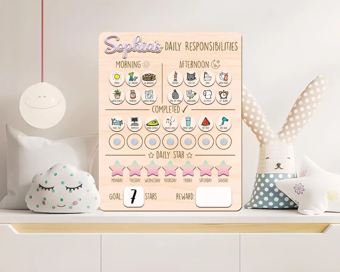 Daily Responsibilities Chart Of Chores For Kids, Cute Routine Checklist Custom Name, Wooden Chore Chart