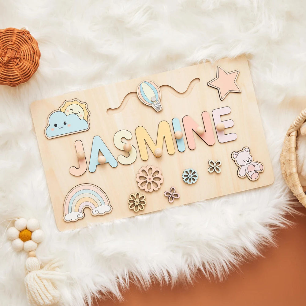 Personalized wooden name puzzle arranged for play