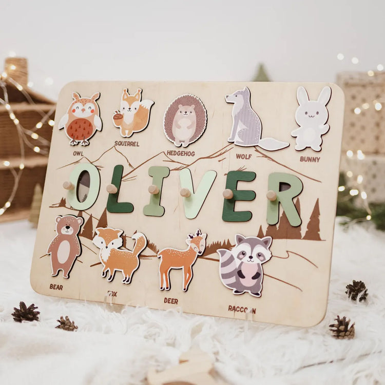Personalized Baby Busy Board Puzzle, Baby 1st Birthday Gift, Woodland Animals Nursery