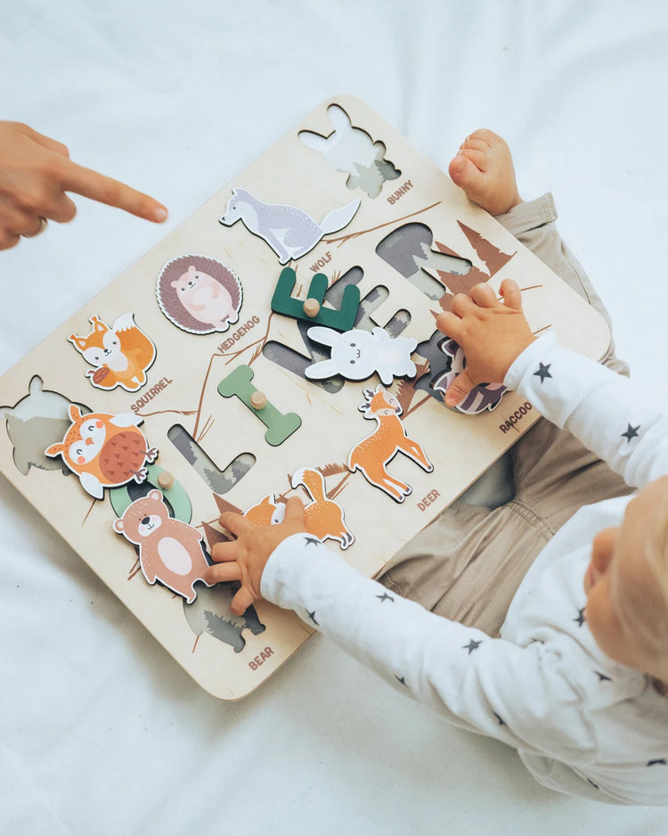 Personalized Baby Busy Board Puzzle, Baby 1st Birthday Gift, Woodland Animals Nursery
