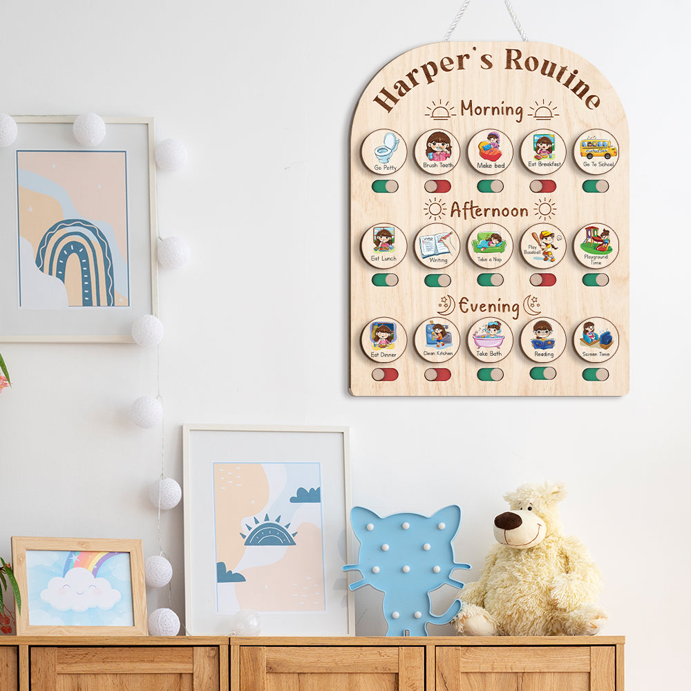 Personalized Toddler Daily Chore Chart List For Kids, Wooden Schedule Board With Custom Name, Behavior Board For Kids