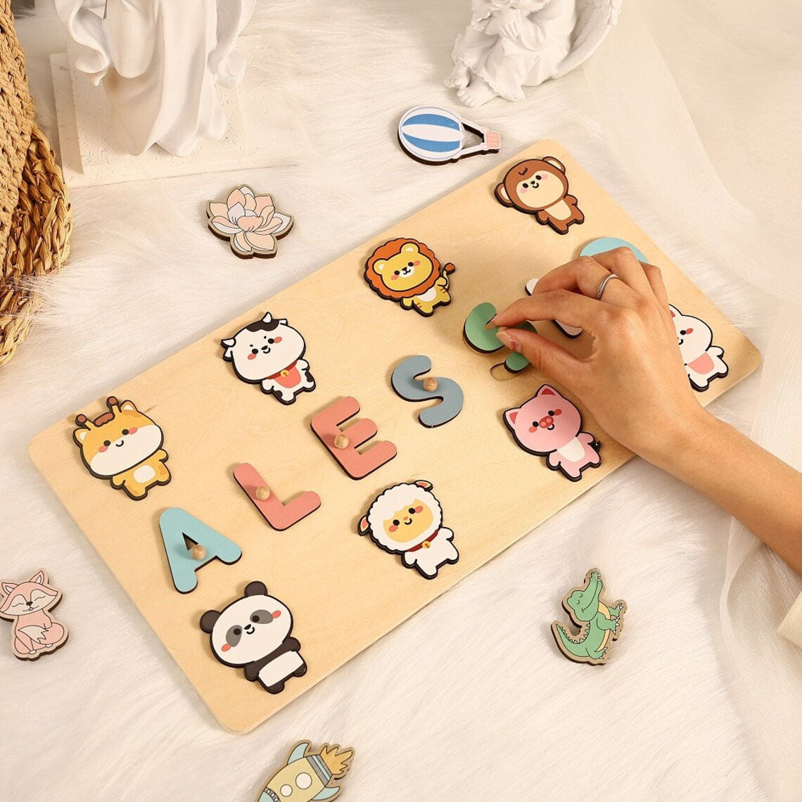 Wood Toys for One-Year-Old, Personalized Name Puzzle with Zoos-Animal, Custom Montessori Toys