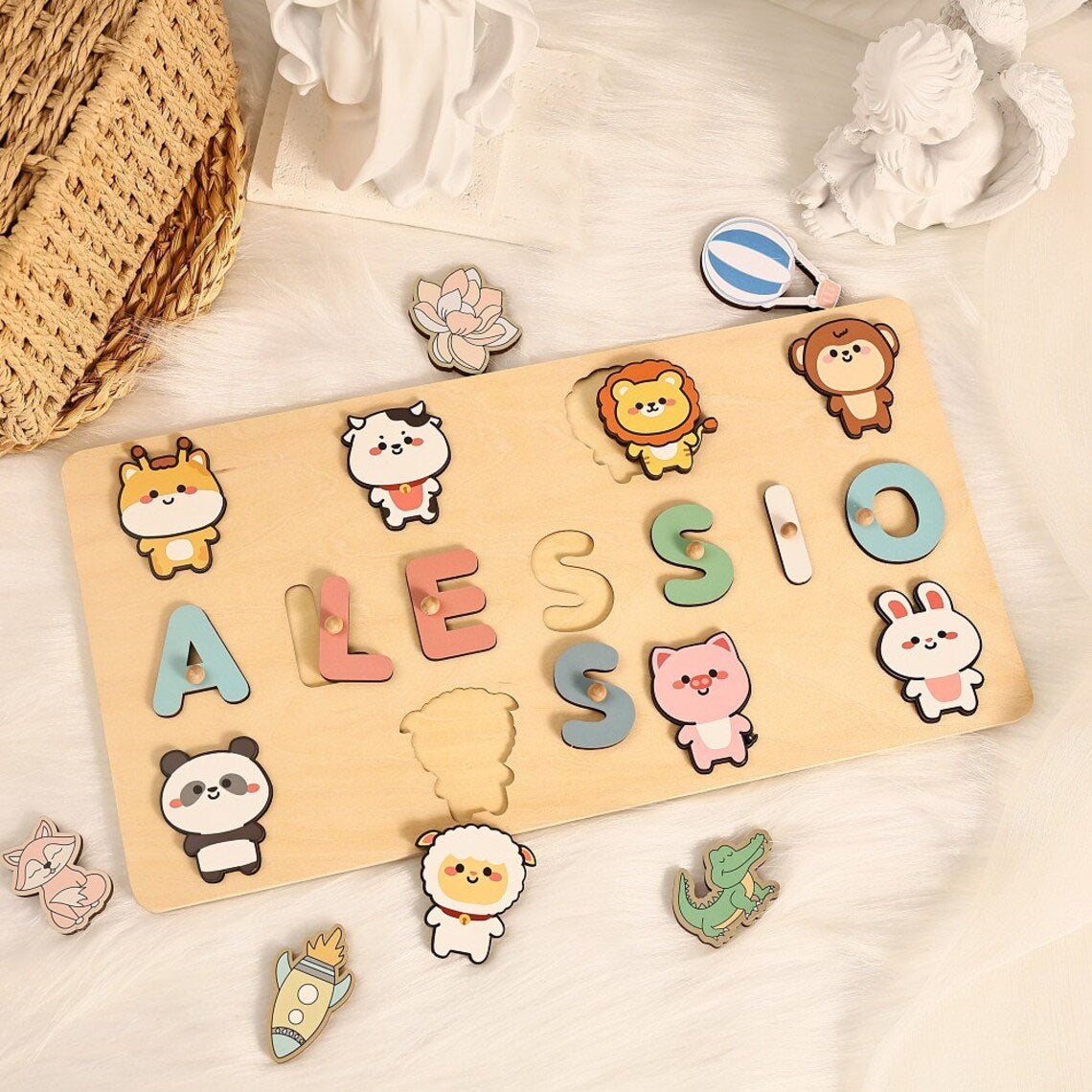 Wood Toys for One-Year-Old, Personalized Name Puzzle with Zoos-Animal, Custom Montessori Toys