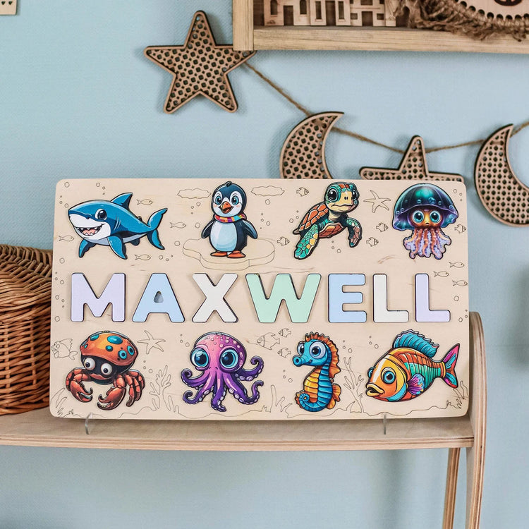 Personalized Wooden Name Puzzle, Ocean Nursery Decor, Montessori Toys Board