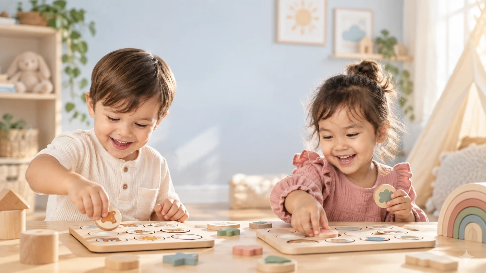 Children enjoying wooden play together in a bright playroom